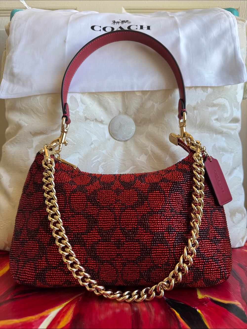 COACH Teri Red and Black Beaded Chain Shoulder Bag with Gold Hardware